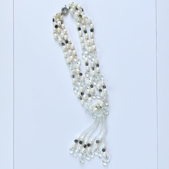 Vintage Tassel Teardrop crystal white beaded necklace